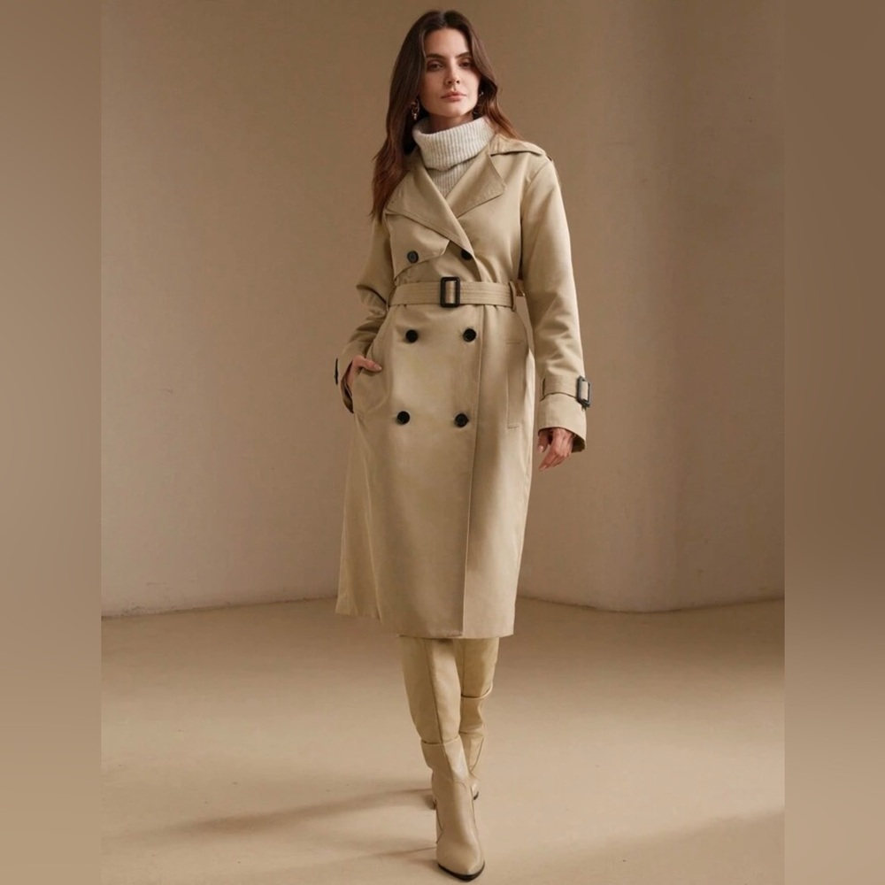 Classic Beige Double-Breasted Trench Coat with Belt
